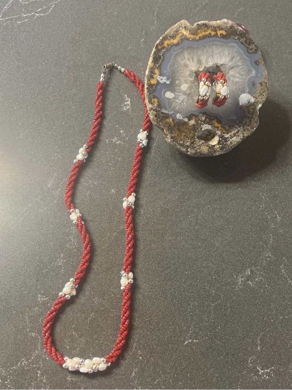 Red and pearl seed bead necklace and earrings